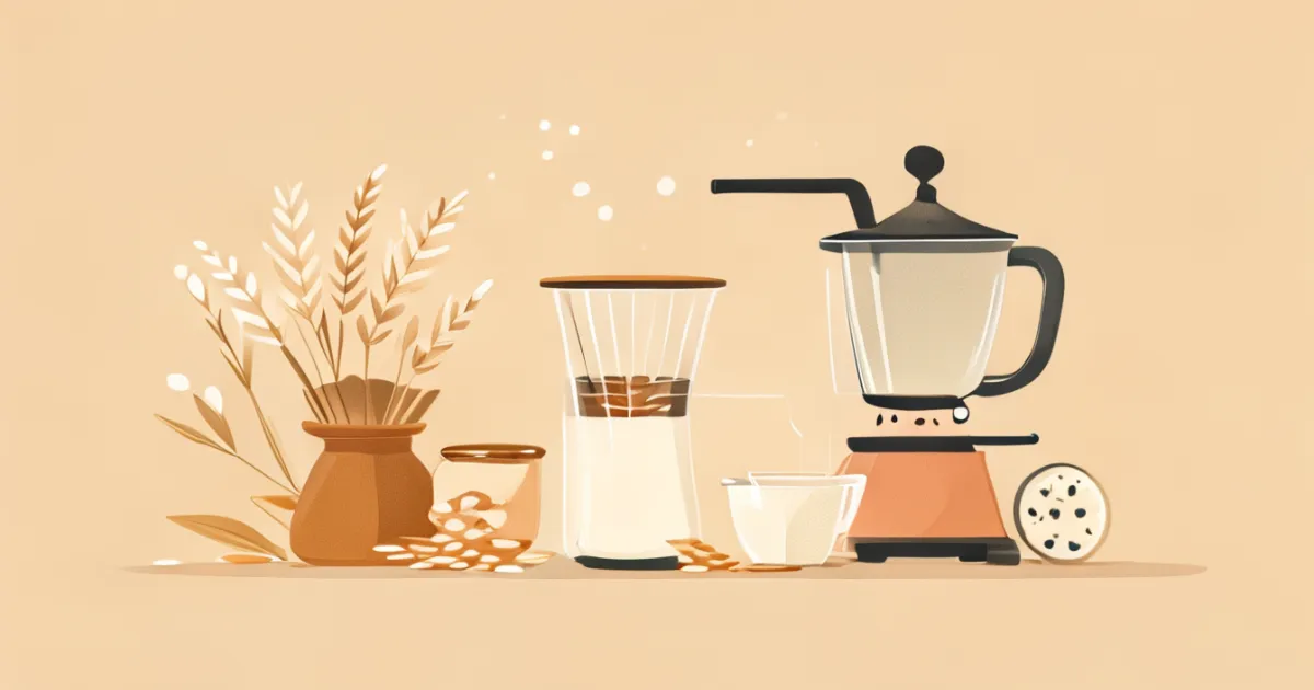Simple homemade oat milk recipe process with blender and ingredients
